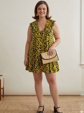 🌼 NWT Anthropologie Maeve Yellow Daisy Poplin Swing Mini Dress XL Mod Cottage